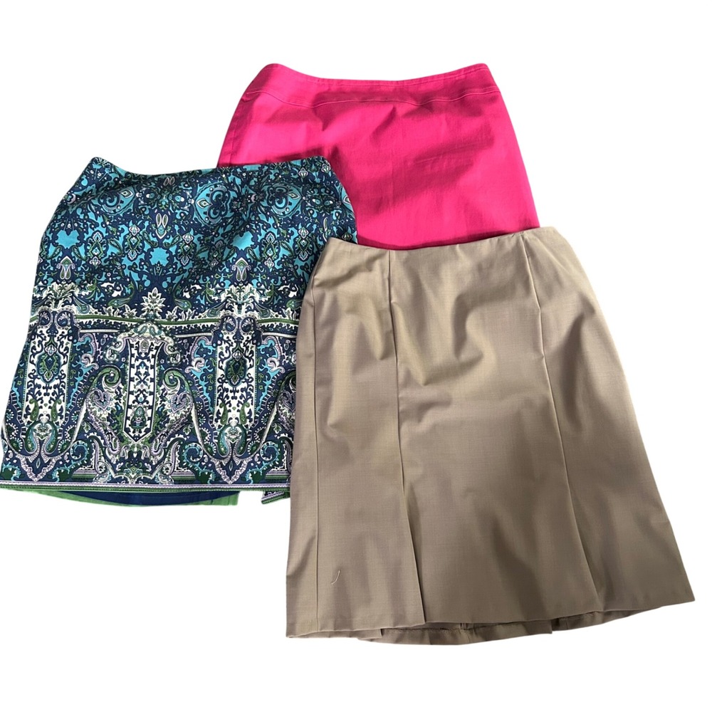Talbots Woman Skirt Lot of 3 Size 14W Tan Pink Blue Paisley Wool Blend Office